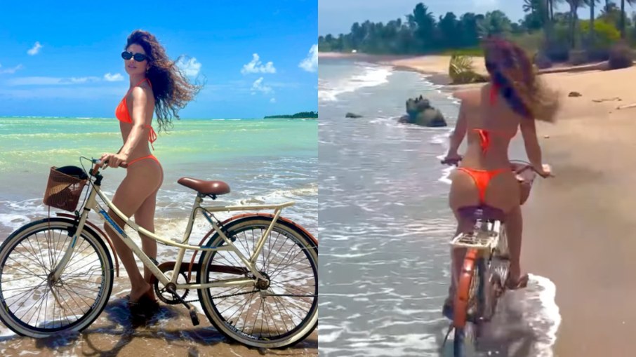 Paula Fernandes faz charme durante passeio de bicicleta na praia