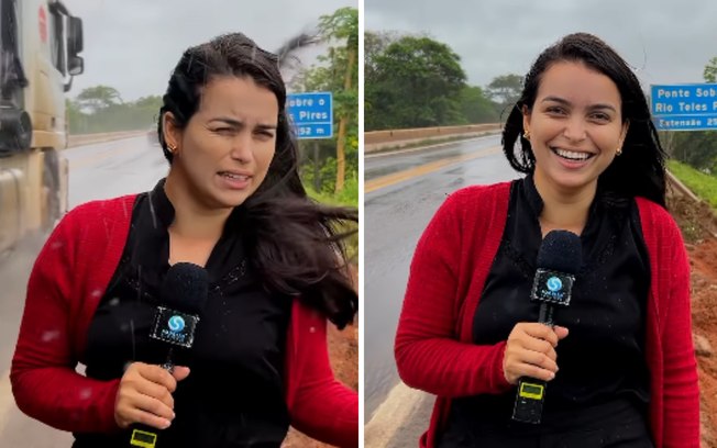 Caminhão surpreende repórter com banho d'chuva durante ao vivo